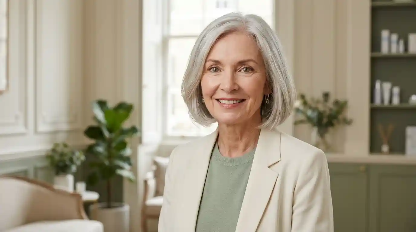 Botox after 65 smiling woman in her late 60s with natural refreshed skin at a London clinic