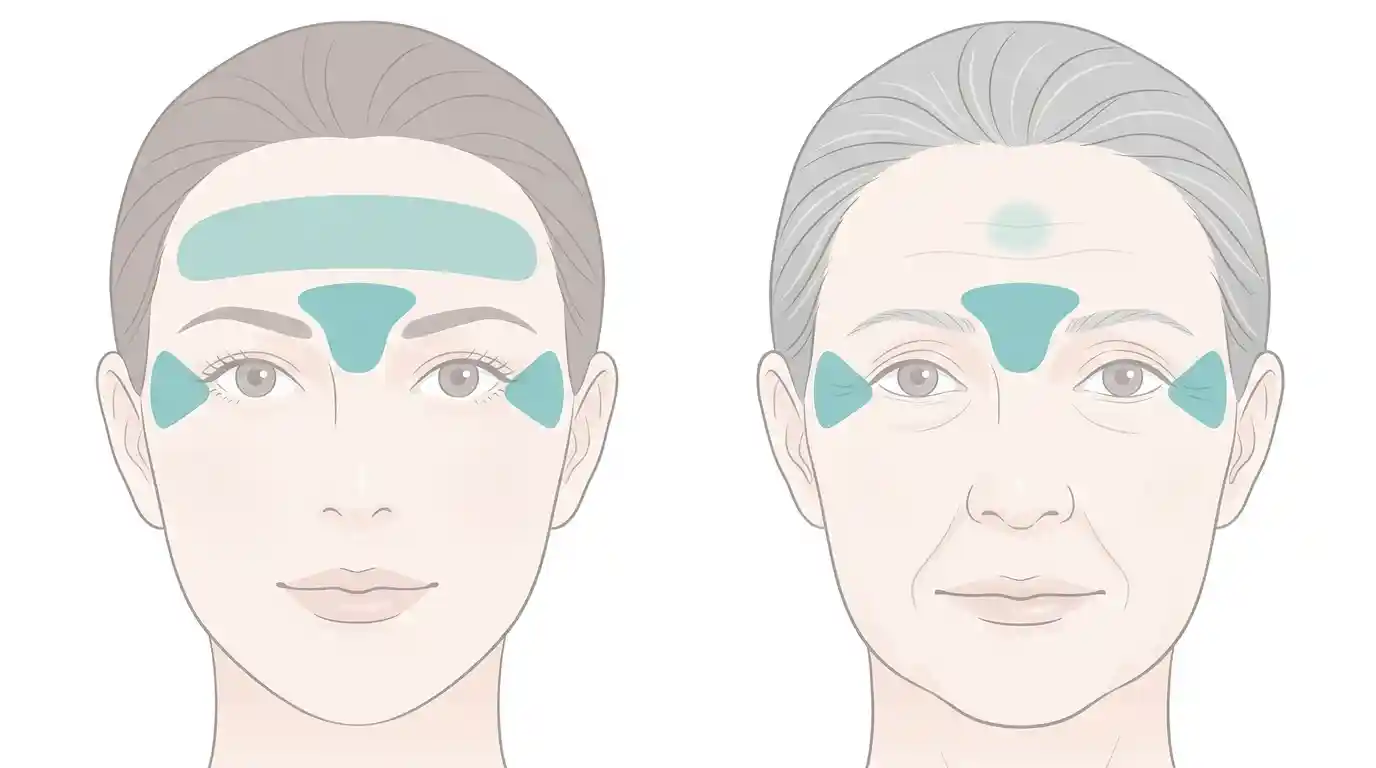 Botox at 45 vs Botox after 65 showing a lighter forehead treatment zone on the older face while frown lines and crow’s feet stay the same