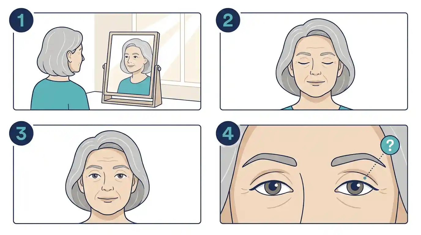 Eyelid mirror test for Botox after 65 shown in four simple steps with an older woman checking her eyelids in a mirror