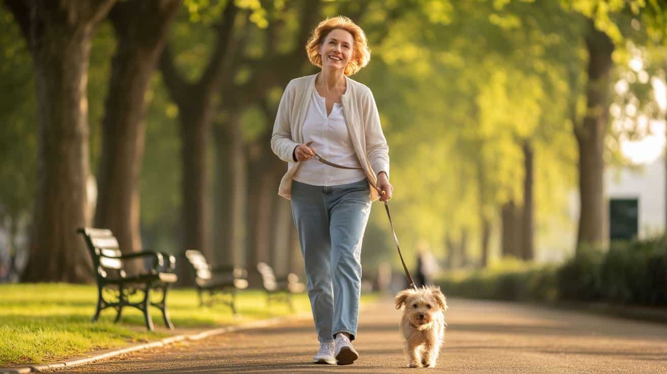 A woman enjoying an active lifestyle walking in a park after successful Arthrosamid knee injection treatment