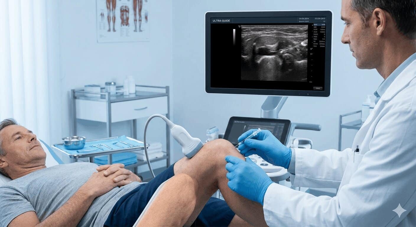 Doctor using ultrasound device to accurately deliver Arthrosamid injection into knee joint 
