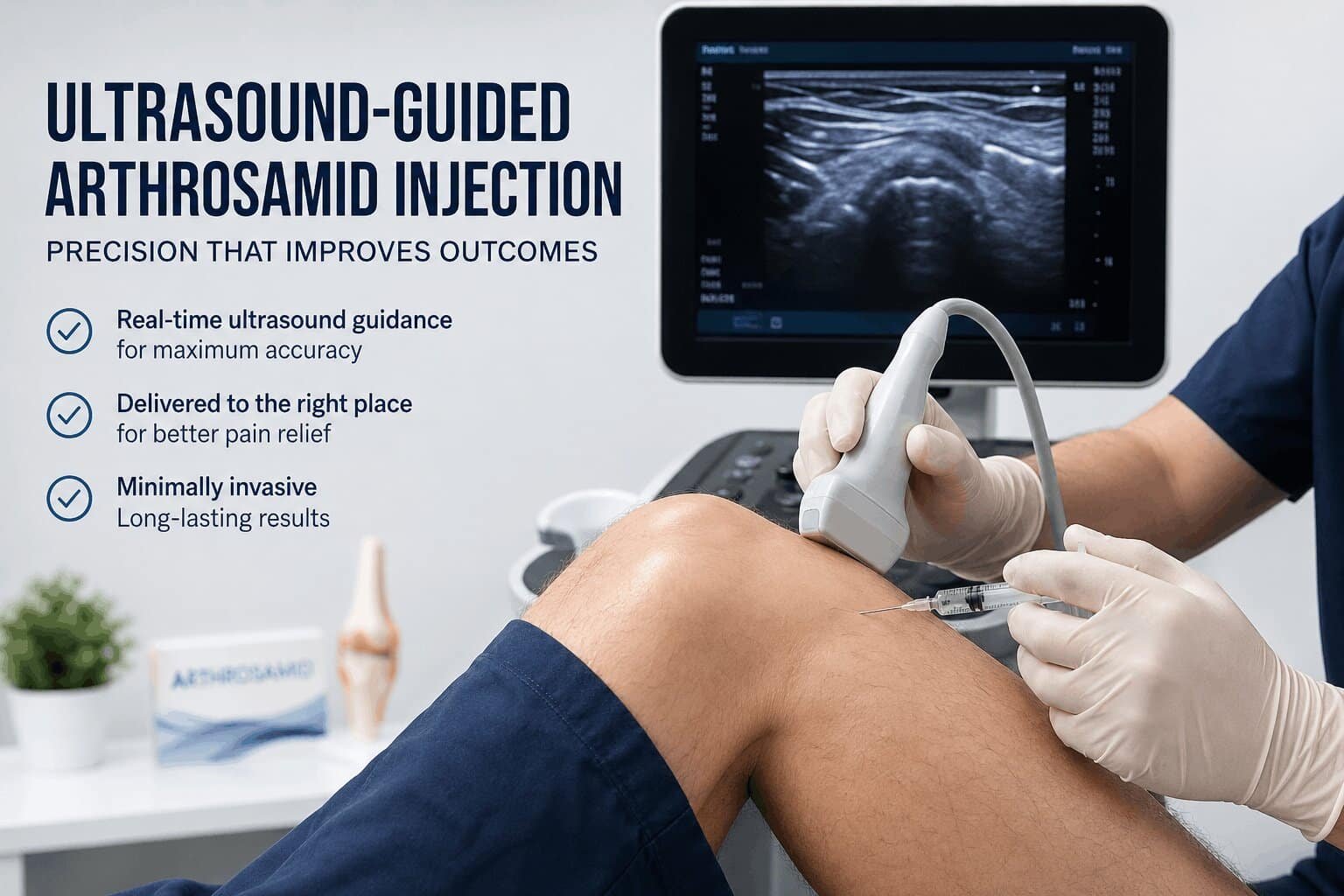 Ultrasound-guided Arthrosamid injection being performed on a patient’s knee in a clinical setting