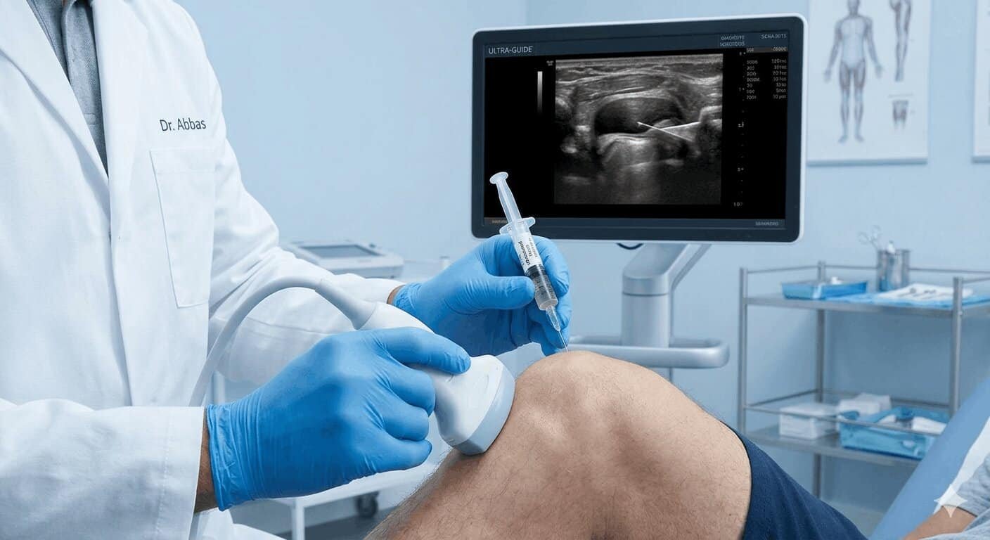 Sterile clinical environment showing ultrasound-guided knee injection procedure for osteoarthritis treatment