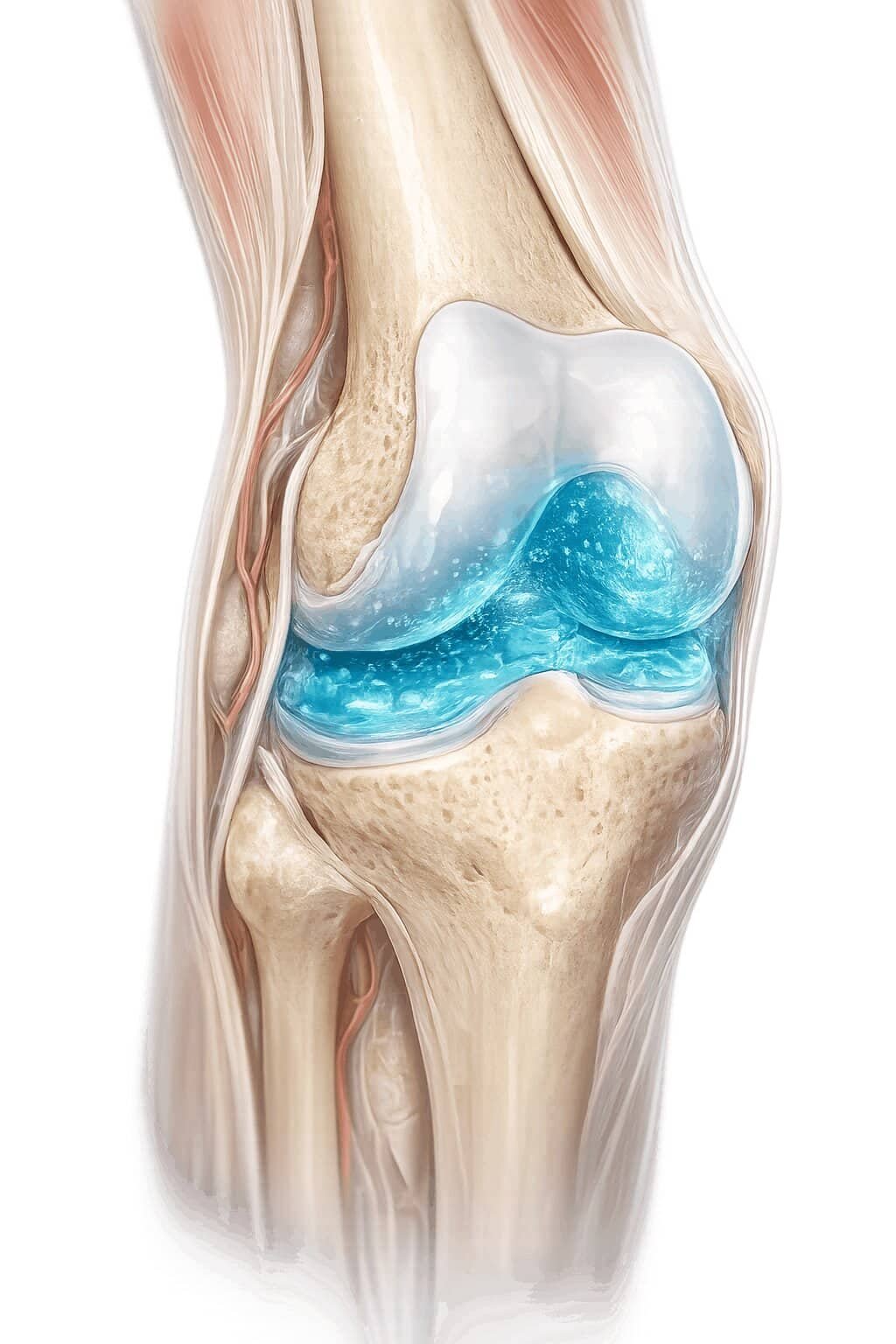 Diagram showing how Arthrosamid gel integrates into the synovial lining of the knee joint