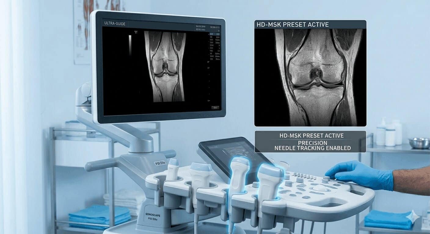 Medical professional performing precise Arthrosamid injection with real-time imaging for knee pain relief 