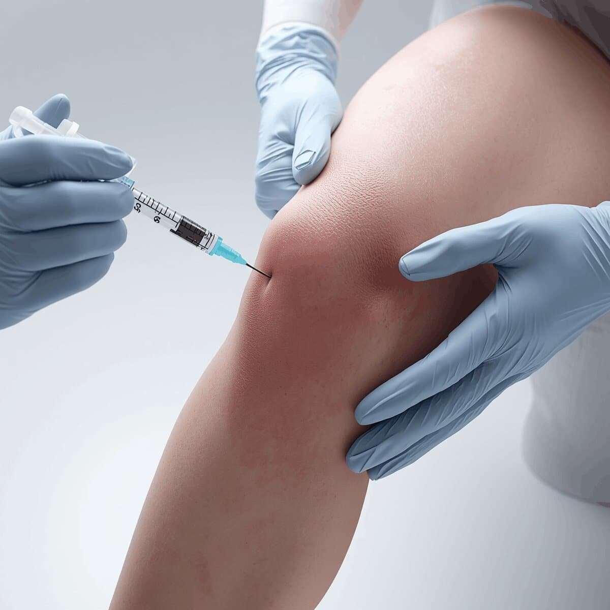 Doctor injecting knee in sterile clinic setting