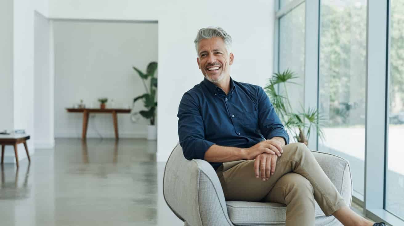Confident man sitting in a private London clinic after P-Shot treatment for erectile dysfunction