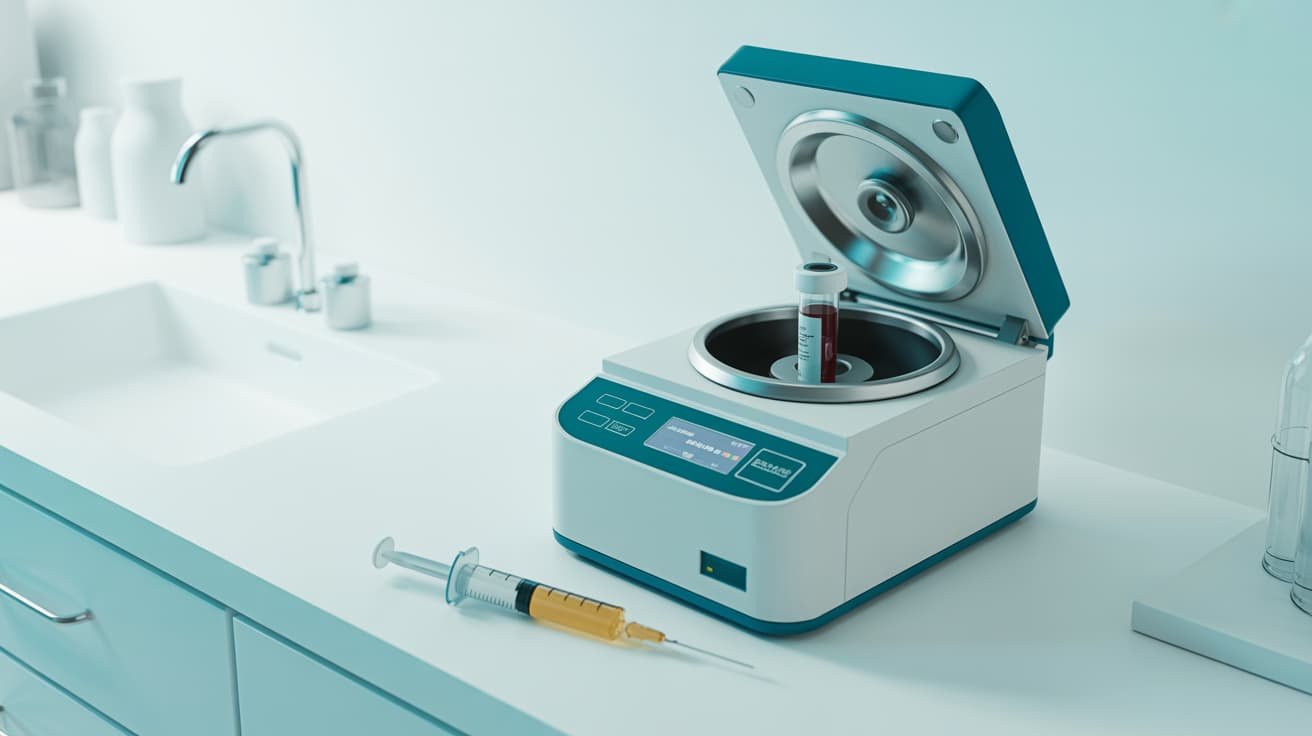 A medical centrifuge machine with a small blood sample for P Shot Treatment