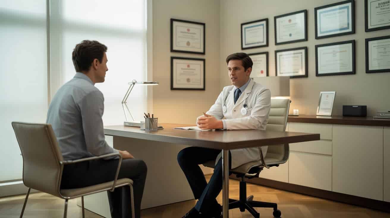 Male patient consulting with a private doctor about P-Shot treatment at Dr SNA Clinic London