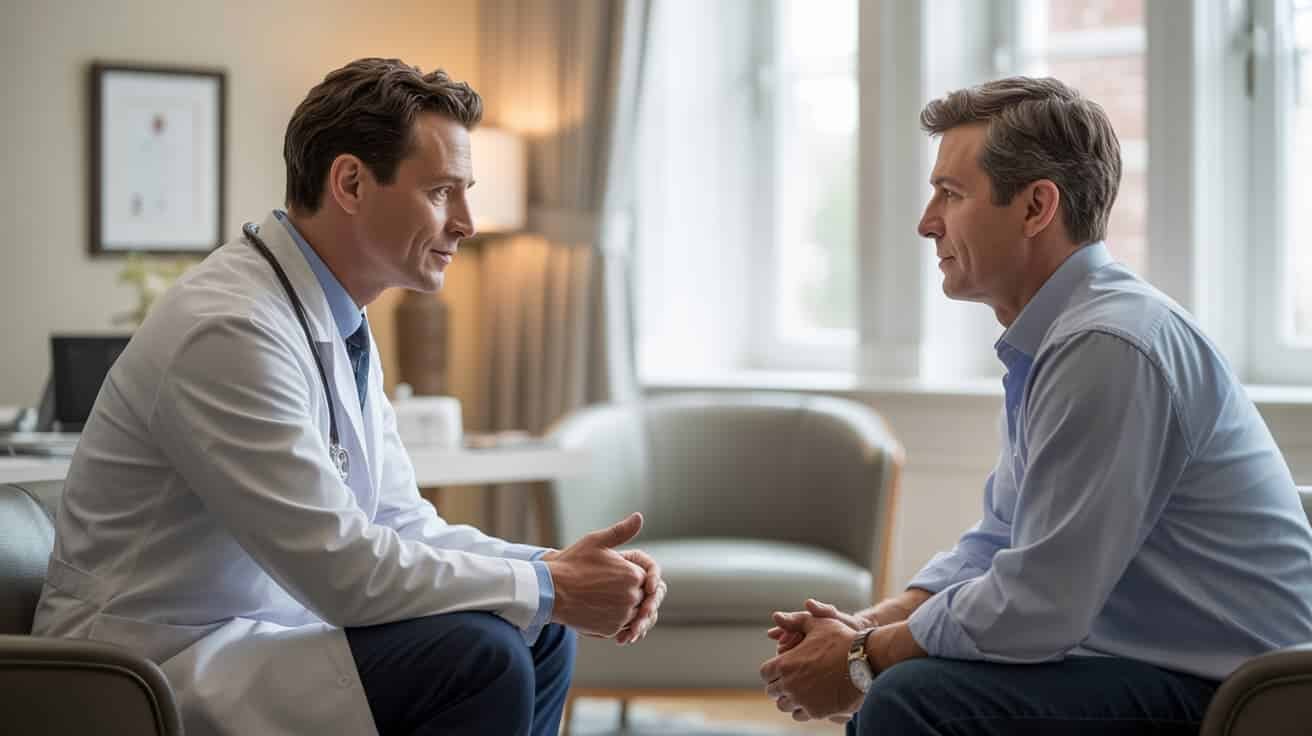 Male patient consulting with a private doctor about P Shot treatment at Dr SNA Clinic London Wimpole Street