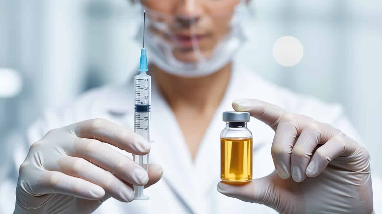 Gloved hands holding a sterile syringe and PRP vial for P-Shot treatment in London