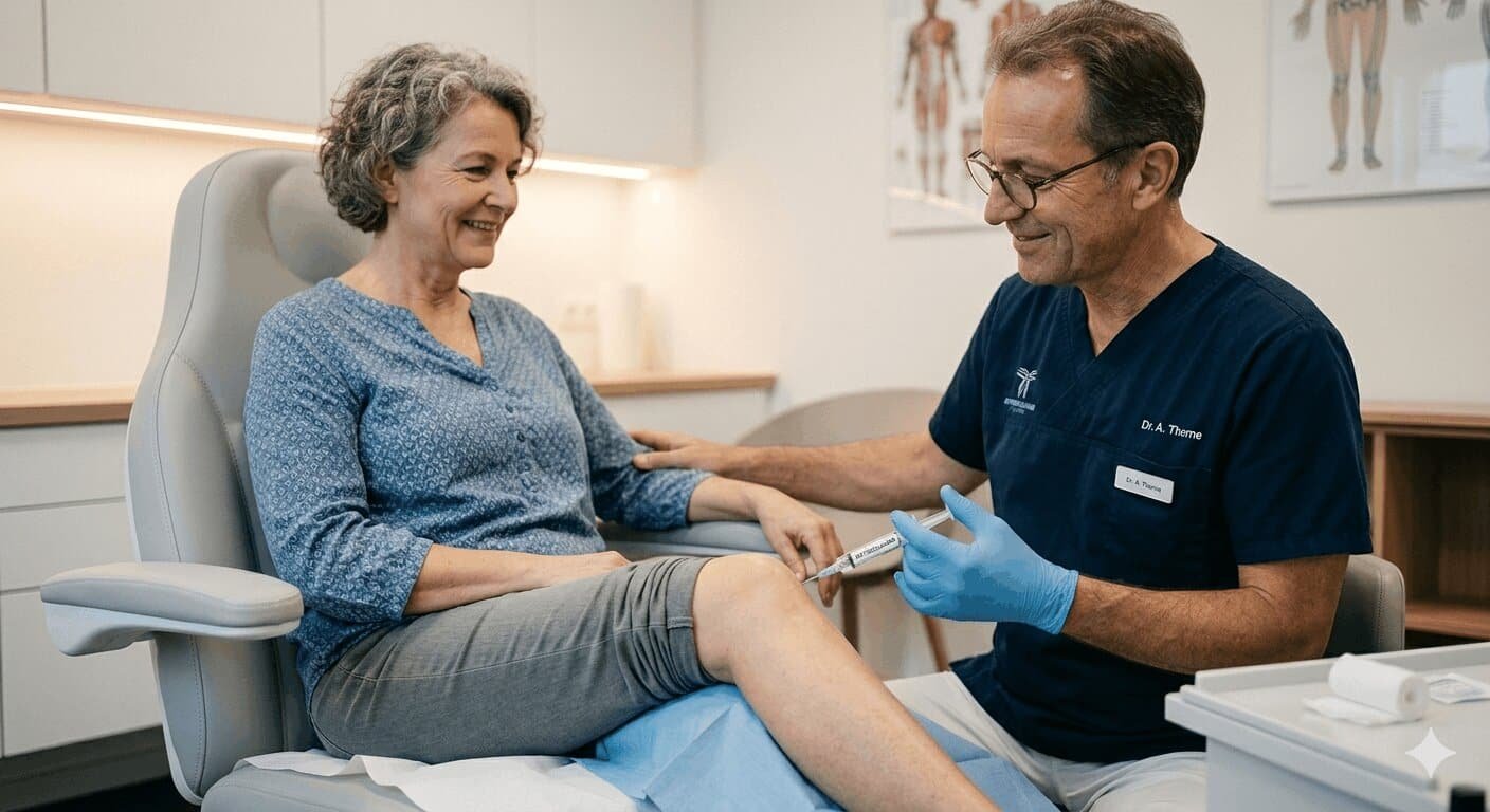 Before and after knee improvement after Arthrosamid injection 