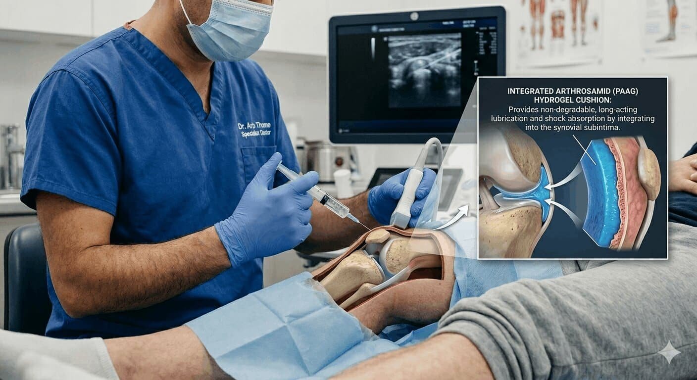 Specialist explaining Arthrosamid injection for knee pain
