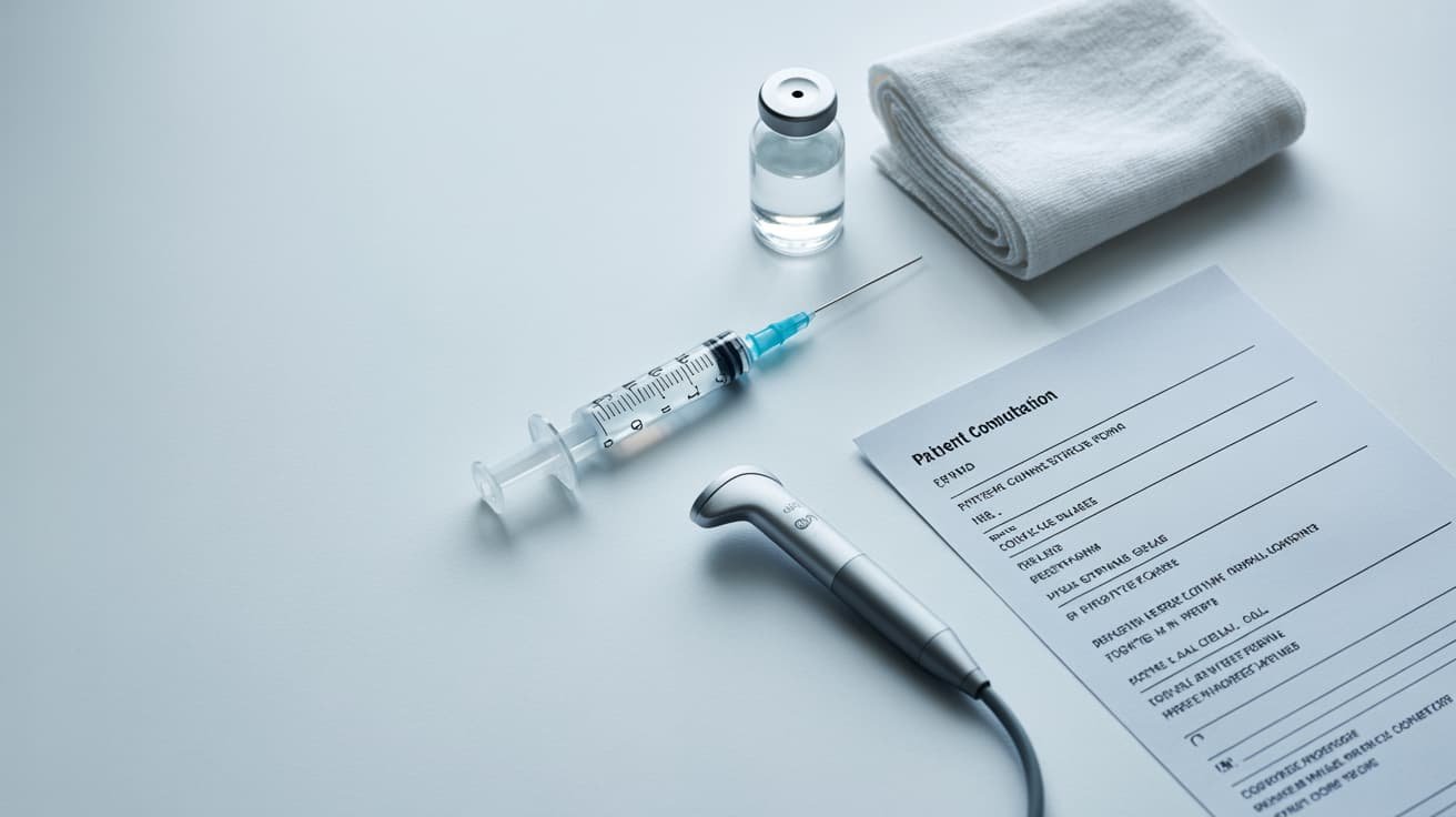 Medical syringe, ultrasound probe, and consultation form laid on a clinical white surface representing knee injection treatment and Arthrosamid procedure