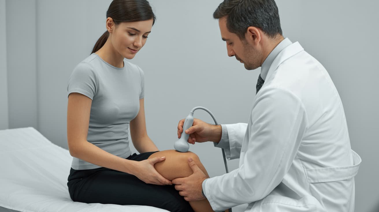 Doctor performing an ultrasound-guided Arthrosamid injection on a female patient's knee at a private clinic in London
