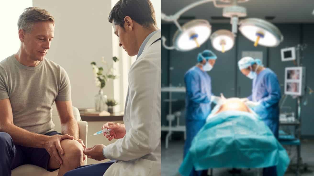 Split-scene image comparing a patient receiving an Arthrosamid knee injection at a private London clinic on the left with a softly blurred operating theatre representing knee replacement surgery on the right, illustrating the choice between minimally invasive injection and surgical treatment for knee osteoarthritis