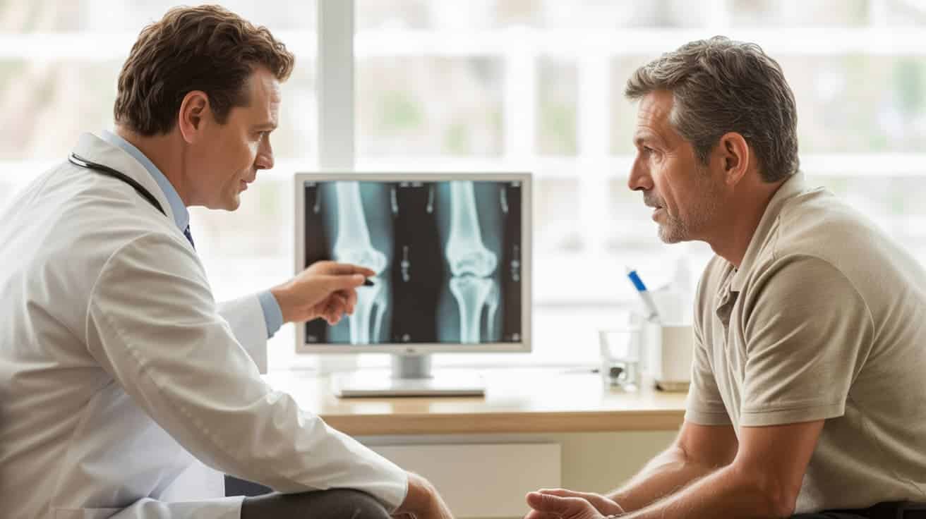 Orthopaedic consultant reviewing knee scan with patient during Arthrosamid injection consultation in London clinic