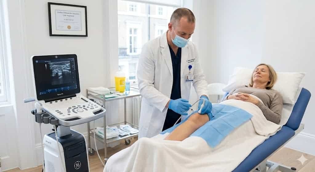 Consultant orthopaedic surgeon performing an Arthrosamid ultrasound-guided knee injection at a private London clinic