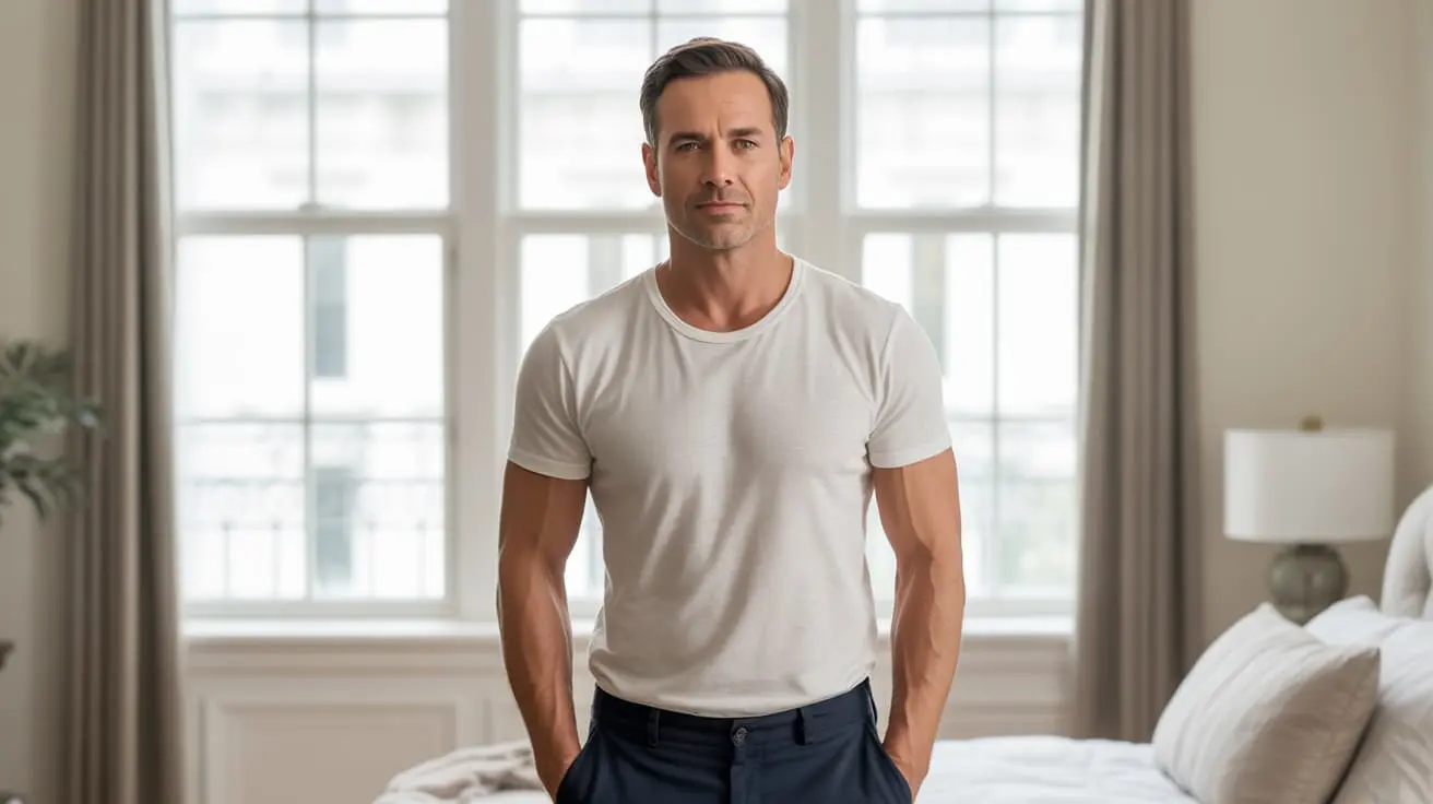 A fit, confident man in his early 40s standing in natural morning light with a calm smile, representing renewed confidence and improved quality of life following P-Shot treatment for erectile dysfunction
