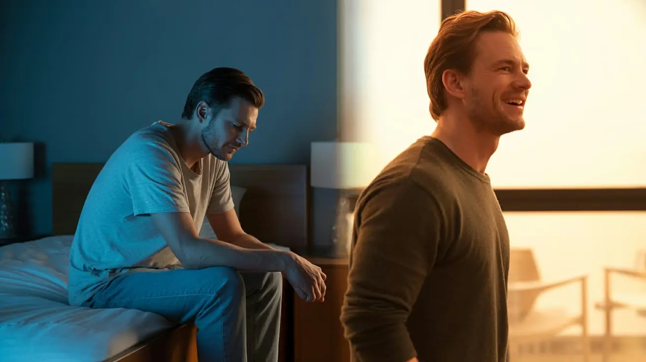 Split image showing a man slumped and withdrawn in dim lighting on the left, contrasted with the same man standing tall and smiling in warm golden light on the right, representing the emotional and physical transformation after P-Shot treatment for erectile dysfunction