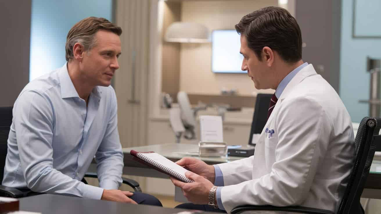 Male patient in his 50s consulting with an orthopaedic doctor at a modern private clinic in London, reviewing knee treatment options in a professional clinical setting