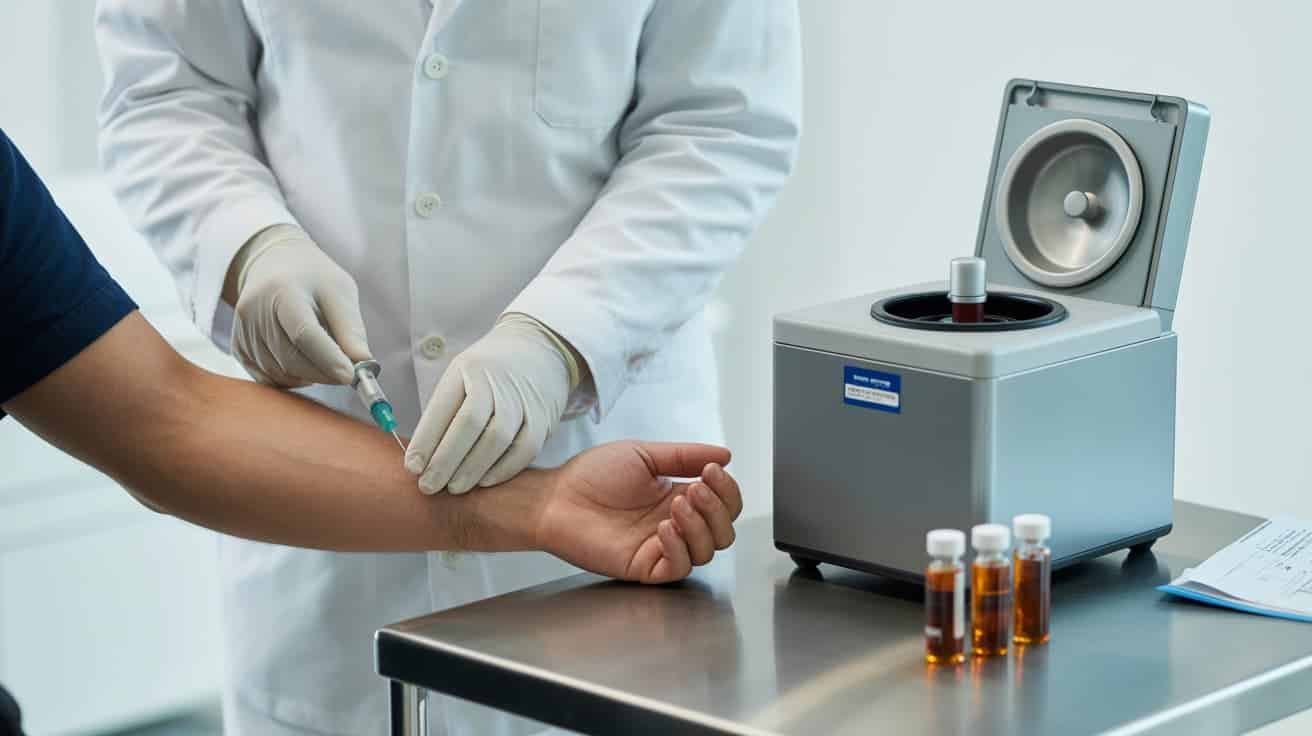 Medical professional in surgical gloves drawing blood from a patient's arm for platelet-rich plasma processing, with a dual-spin centrifuge and amber PRP vials on a clinical stainless steel counter