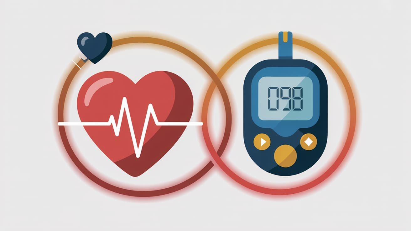 Medical illustration showing a heart with an ECG line and a blood glucose meter connected by a glowing vascular pathway, representing the link between cardiovascular disease and diabetes in a blue and gold clinical style