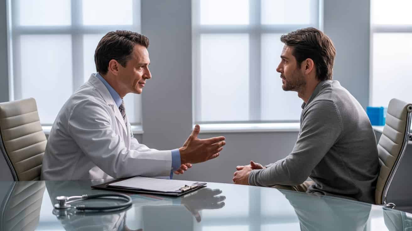 Male patient consulting a qualified doctor at a private CQC-regulated P-Shot clinic in the UK