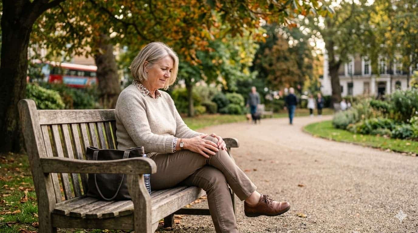 Middle-aged woman sitting on a park bench holding her knee, experiencing knee osteoarthritis pain