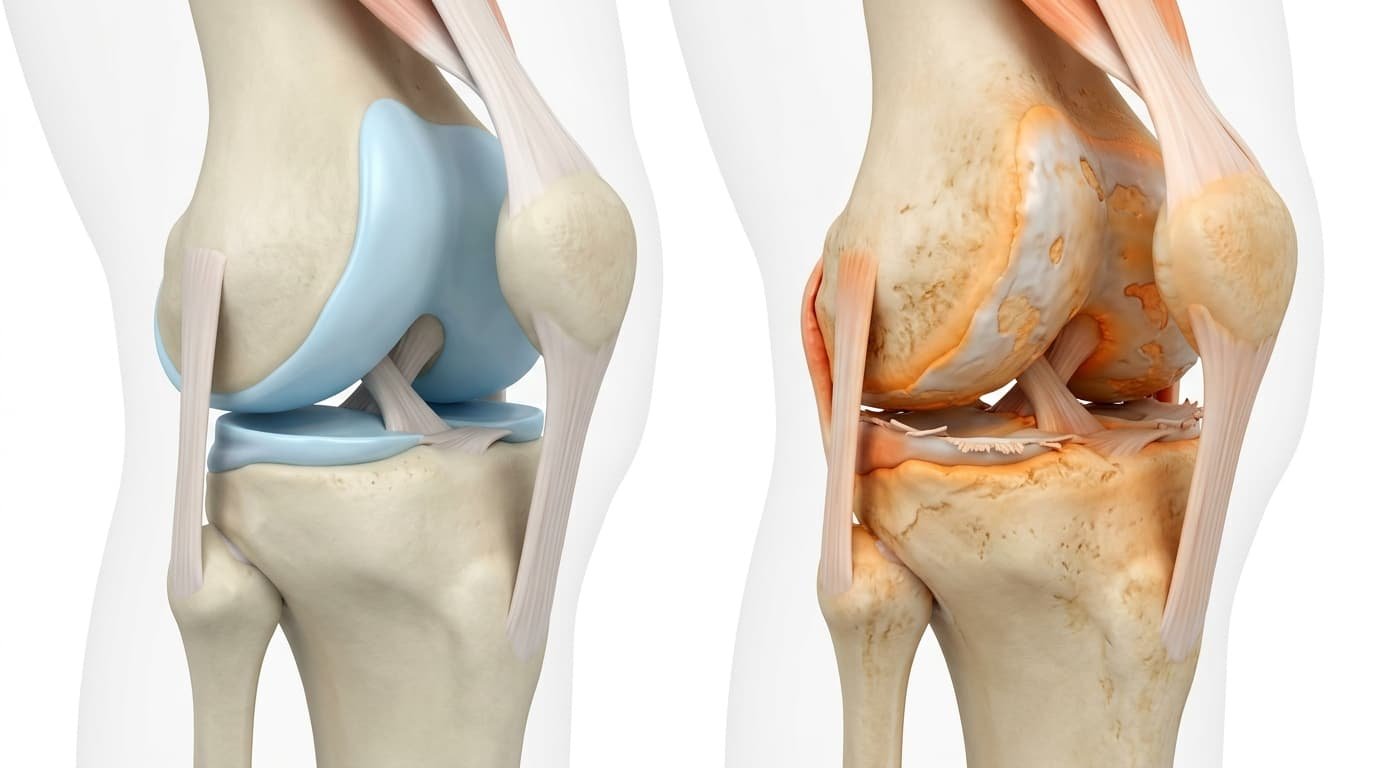 Medical illustration comparing a healthy knee joint and a knee joint affected by osteoarthritis showing cartilage loss