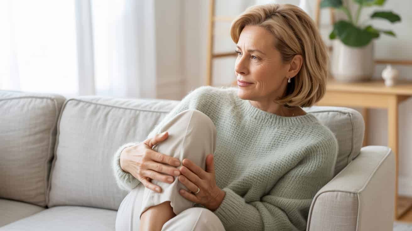 Middle-aged woman holding her knee while seated at home, representing knee pain in ladies and osteoarthritis symptoms in women over 50