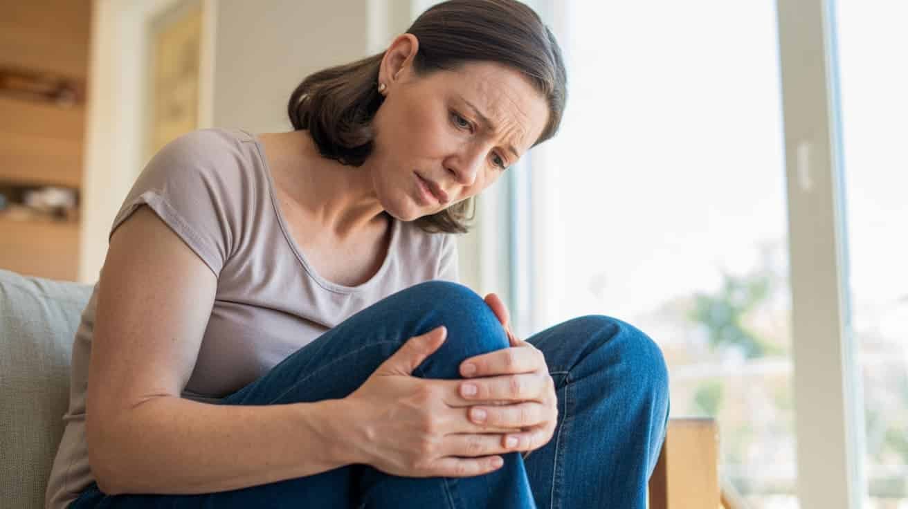 Middle-aged woman experiencing knee pain at home, a common symptom of knee osteoarthritis in ladies over 50