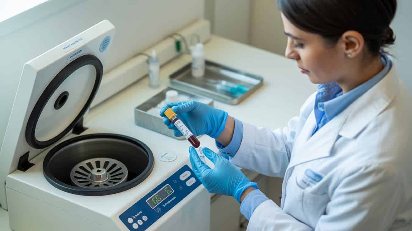 Medical professional preparing PRP centrifuge for P-Shot treatment at a private clinic