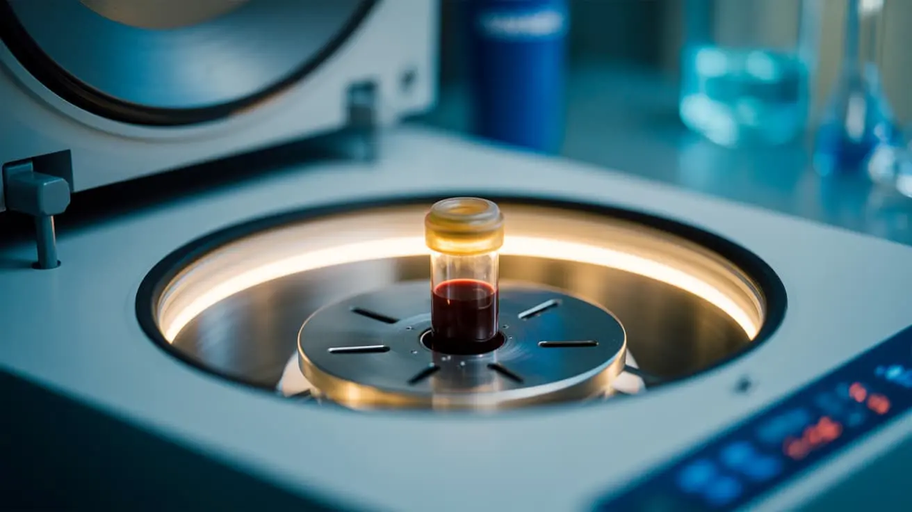 Close-up of a medical centrifuge spinning a blood vial with golden platelet-rich plasma visibly separating at the top, showing the PRP processing stage of the P-Shot procedure