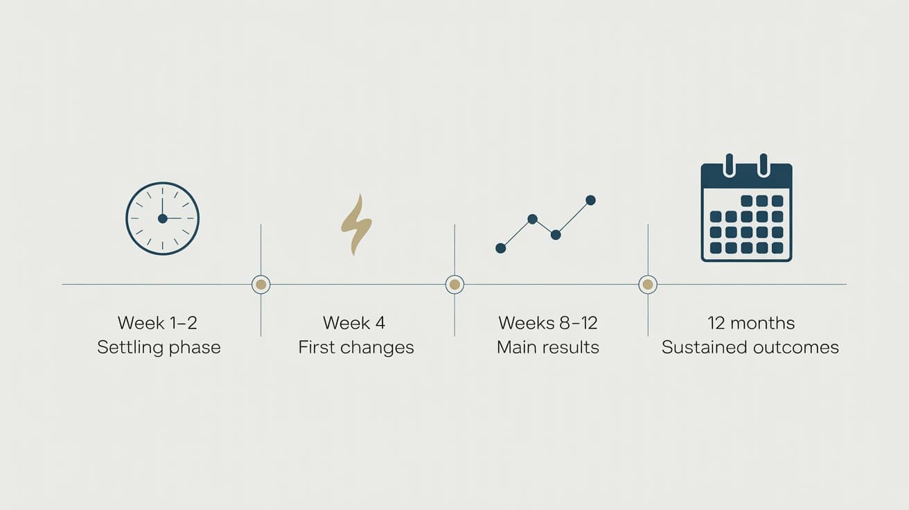 P-Shot before and after results timeline showing improvement from week 1 through 12 months