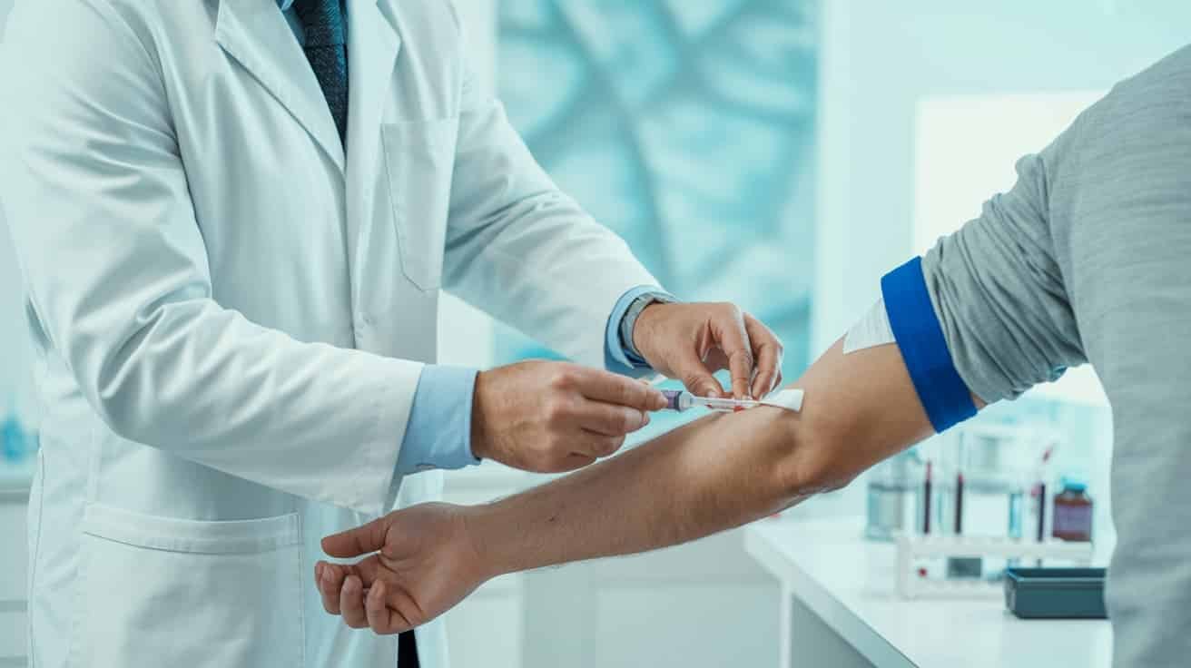 Doctor in white coat drawing blood from patient's arm for PRP P Shot treatment at private London clinic
