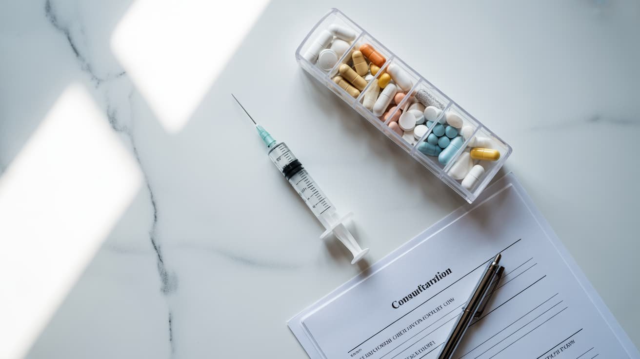 Flat-lay of medical tablets, capsules, and a clinical syringe on white marble surface representing P-Shot treatment eligibility and medication review
