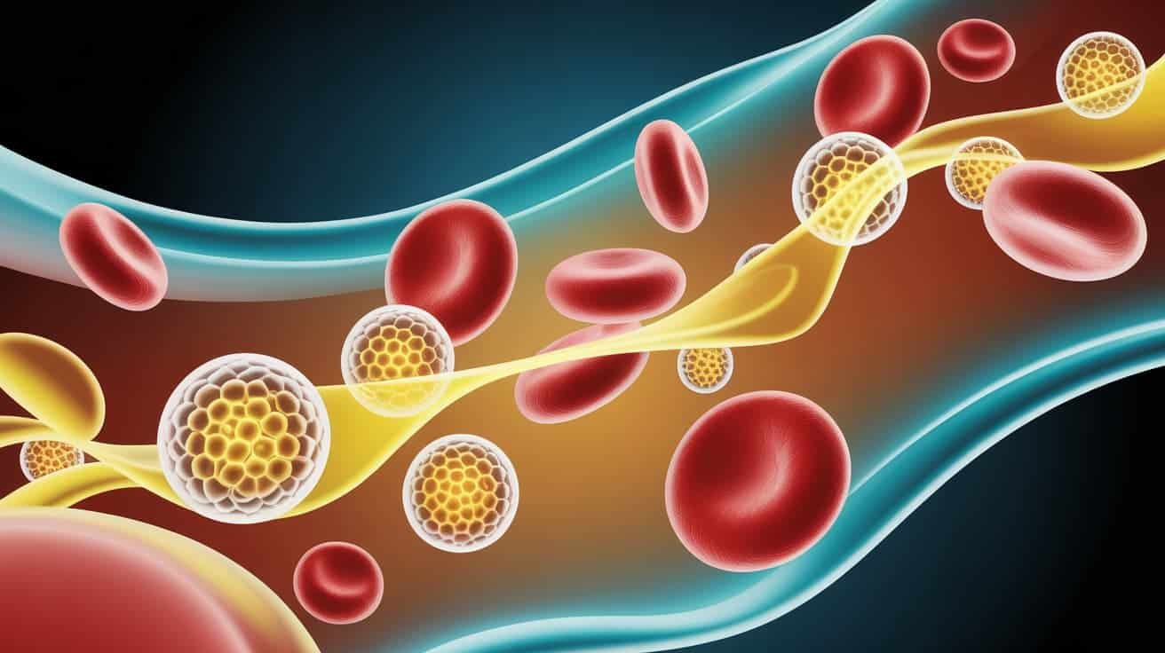 A detailed 3D scientific rendering of glowing gold and amber platelets and growth factors floating in blood plasma, illustrating the cellular regeneration process of a P-shot treatment