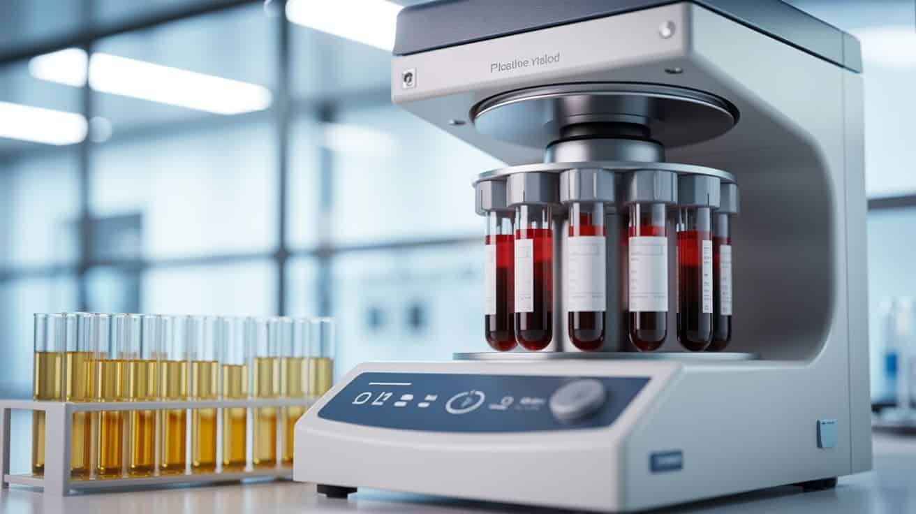 Modern medical centrifuge spinning blood sample tubes with golden platelet rich plasma vials for P Shot treatment London