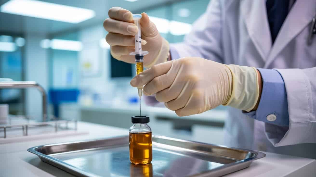 Doctor preparing platelet-rich plasma PRP injection for P-Shot procedure at private London clinic