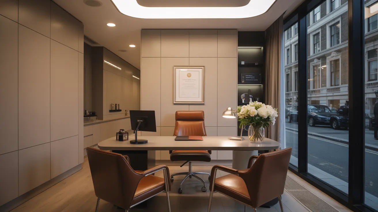 A wide-angle interior view of a warm, elegantly furnished private medical consultation room in central London, with a consultation desk, leather chairs, framed GMC certificate on the wall, and fresh flowers — representing the premium clinical environment at Dr SNA Clinic on Wimpole Street