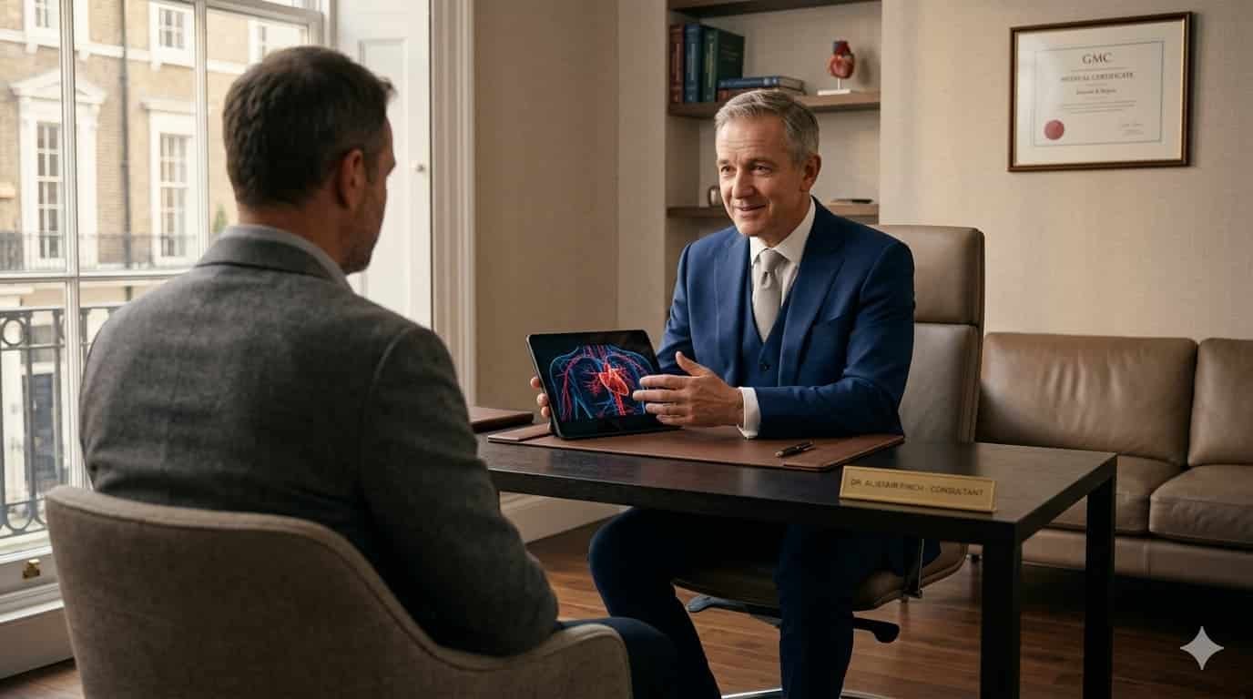 Male consultant in a private London clinic showing a patient a cardiovascular anatomy illustration on a tablet during an erectile dysfunction consultation