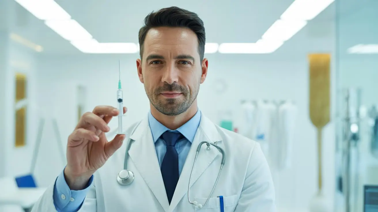 A confident male doctor in a white coat holding a medical syringe in a clean, bright private clinic, representing professional P-Shot treatment in London