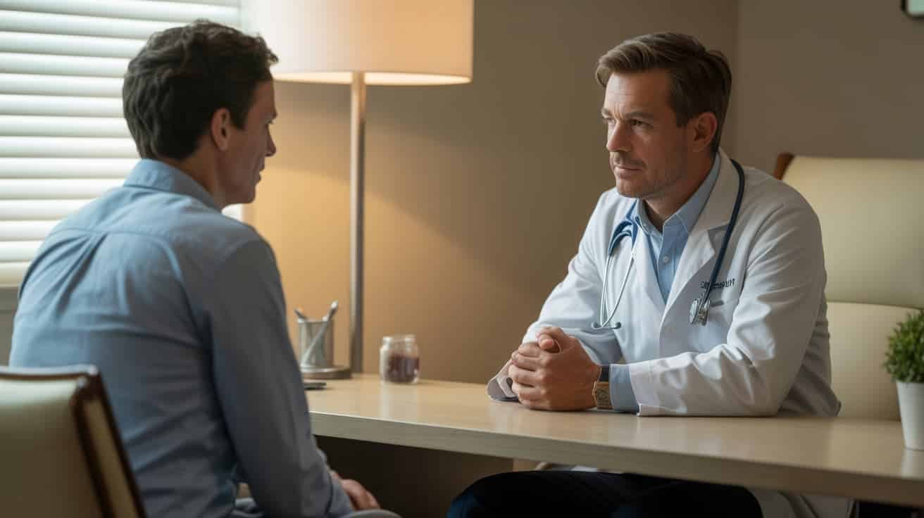 Male doctor consulting with male patient about P Shot priapus shot treatment at private Harley Street London clinic