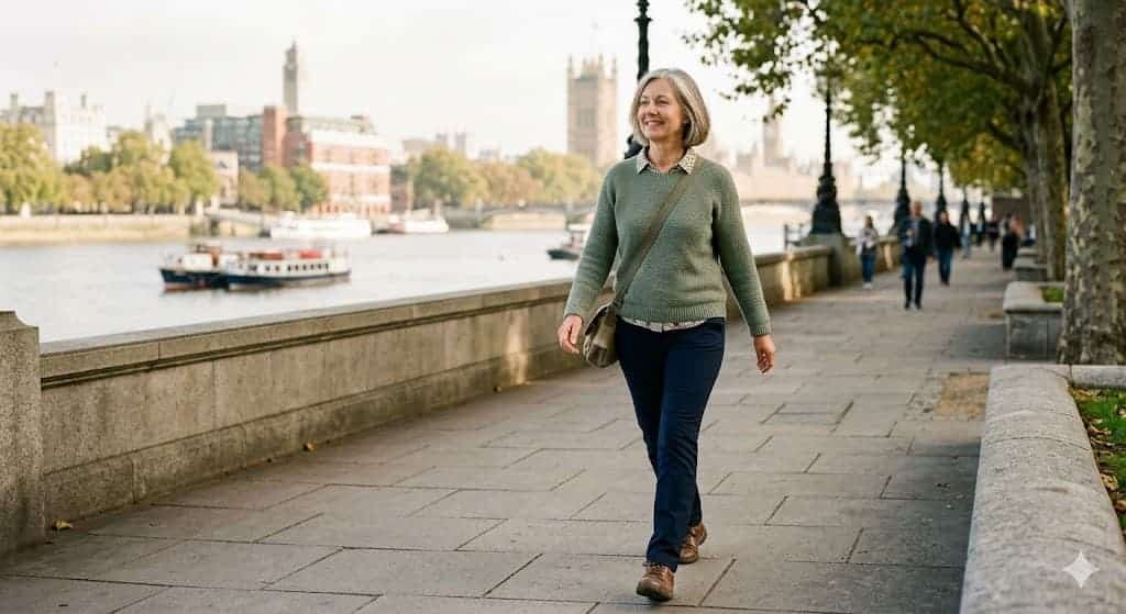 Woman walking confidently outdoors after successful knee osteoarthritis treatment, representing improved mobility and quality of life