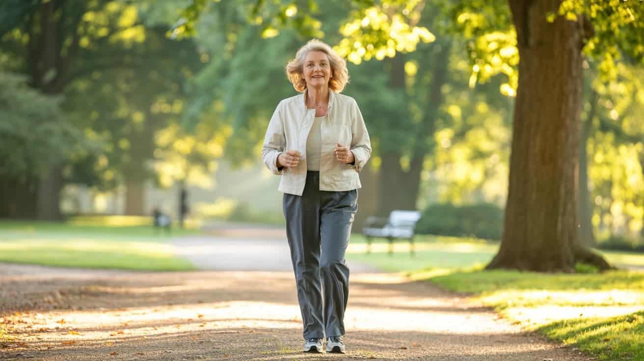 Older woman walking confidently in a park after knee pain treatment, representing recovery and return to daily activity following Arthrosamid injection or physiotherapy
