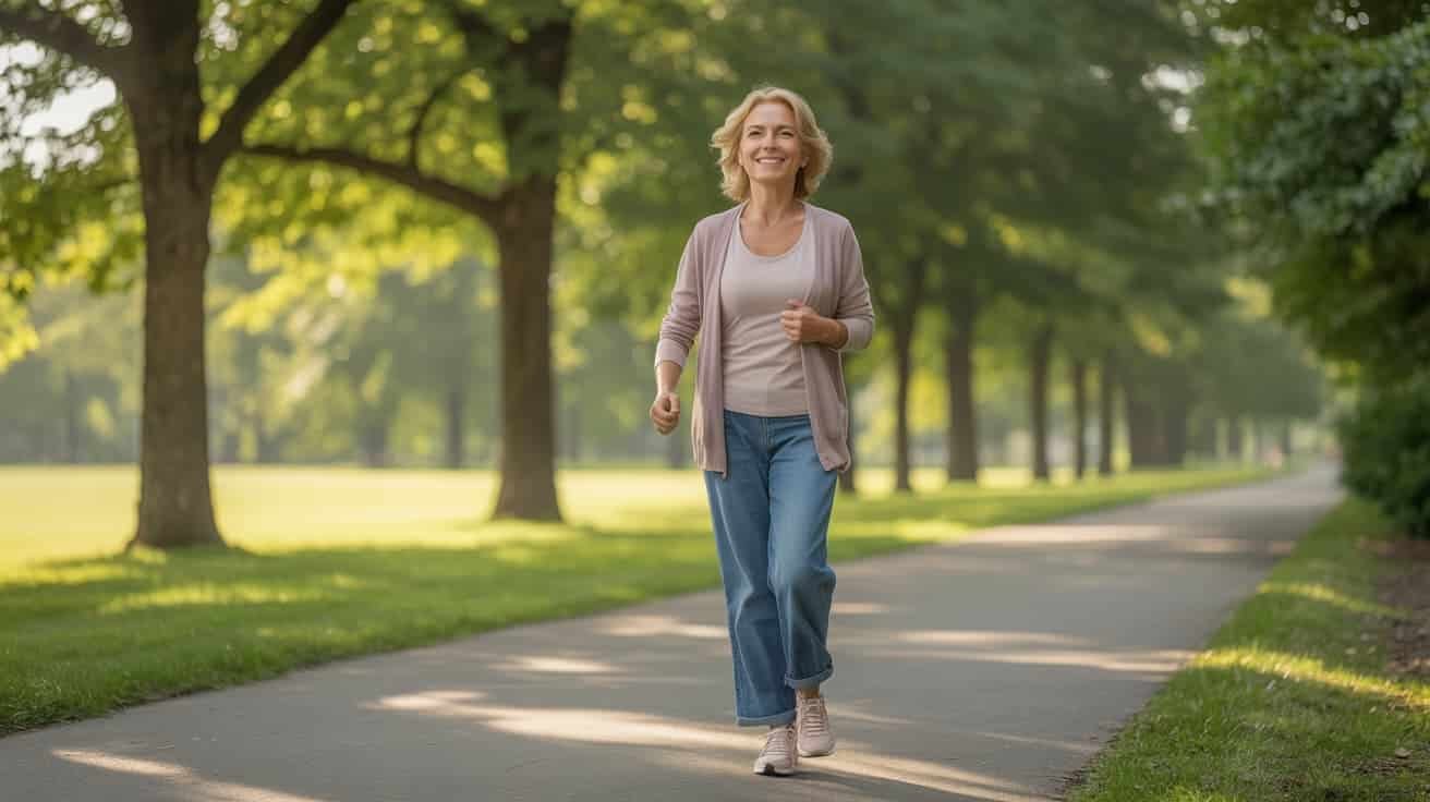 Woman walking confidently in a park after Arthrosamid knee injection treatment for knee osteoarthritis