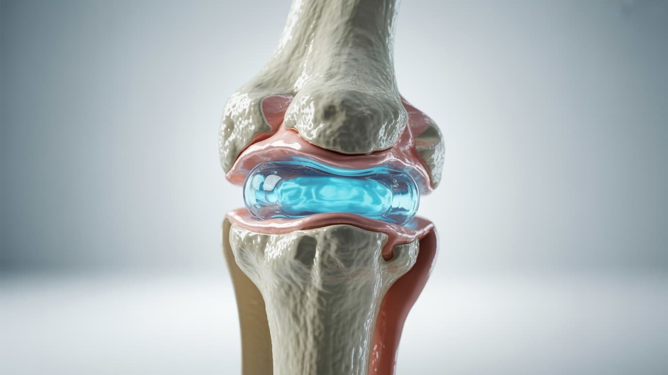 Medical illustration of Arthrosamid hydrogel gel integrating into the synovial membrane inside an arthritic knee joint