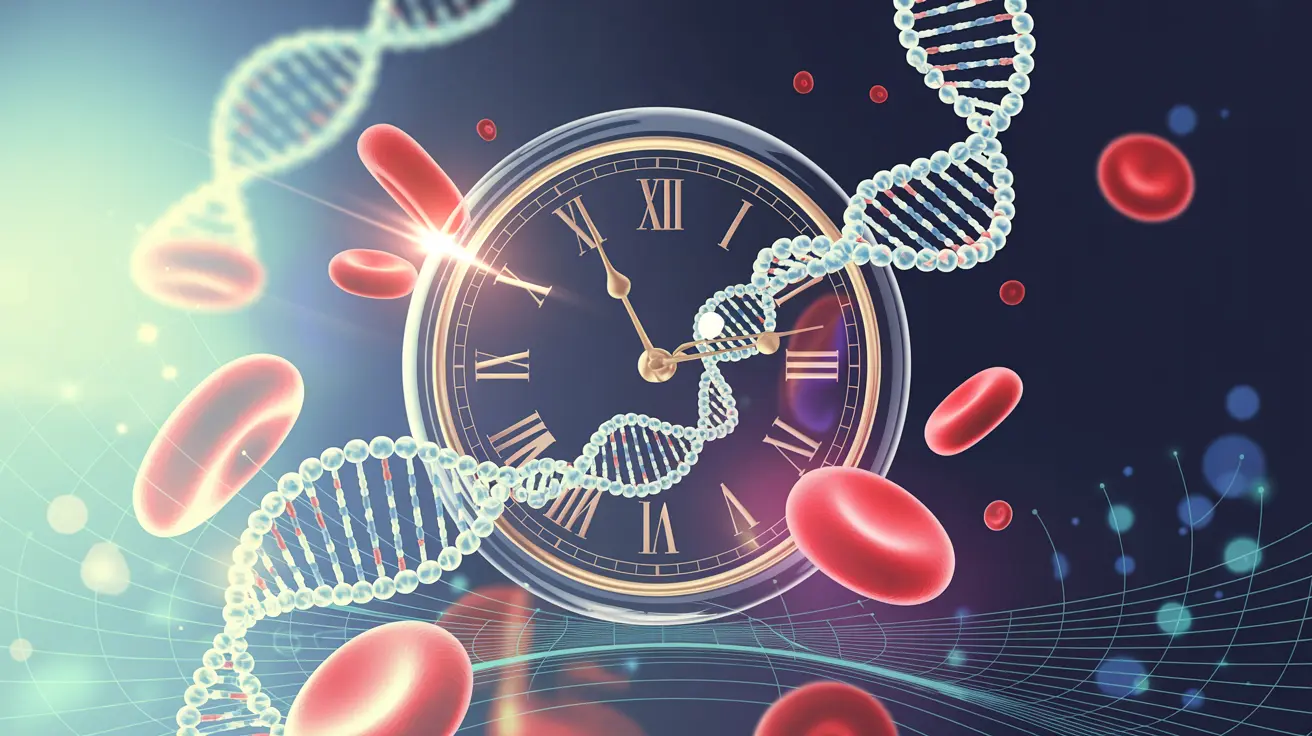 Abstract medical illustration of a glowing clock surrounded by golden cells and a DNA helix on a clinical blue background, representing the timeline and longevity of P-Shot PRP treatment results.