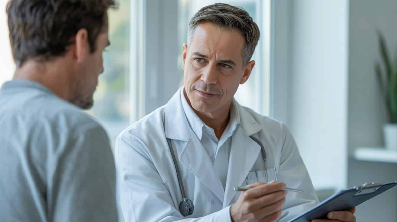 Male doctor explaining P-Shot safety and medical evidence to a patient in a private clinic